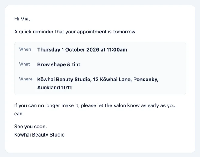 Reminder: your appointment at Kōwhai Beauty Studio is tomorrow