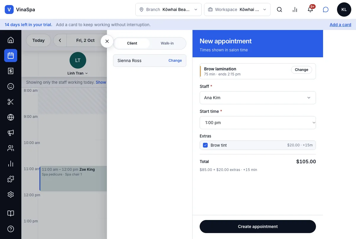 Extras a client can add on — Result — ticked in a booking: $85.00 + $20.00, +15 min — Computer