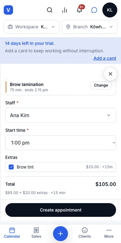 Extras a client can add on — Result — ticked in a booking: $85.00 + $20.00, +15 min — Phone