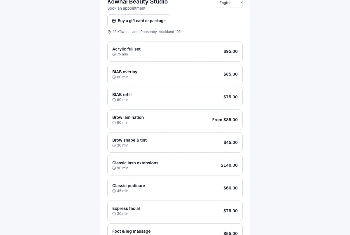 A "from" price for services without a fixed one — Result — "From $85.00" on the booking page — Computer