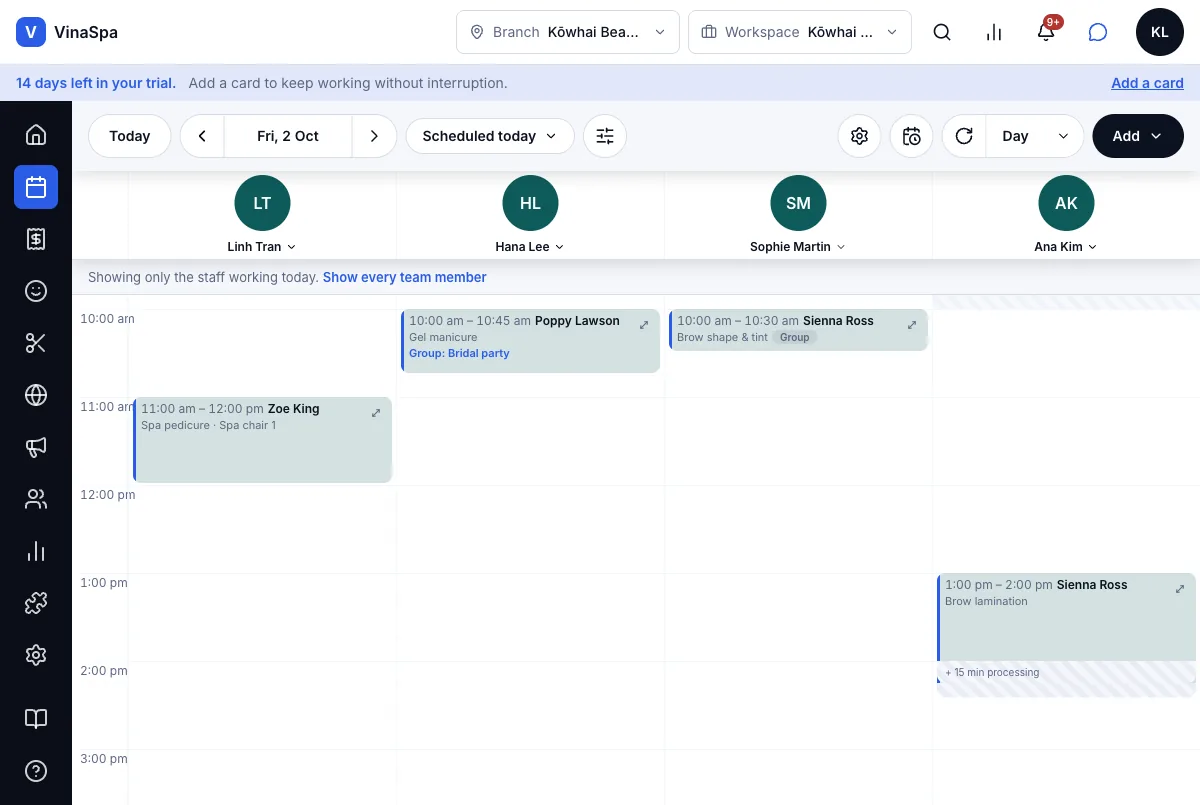 Four separate durations: booked, staff-active, processing, cleanup — Result — busy until 2:00, then 15 min processing — Computer