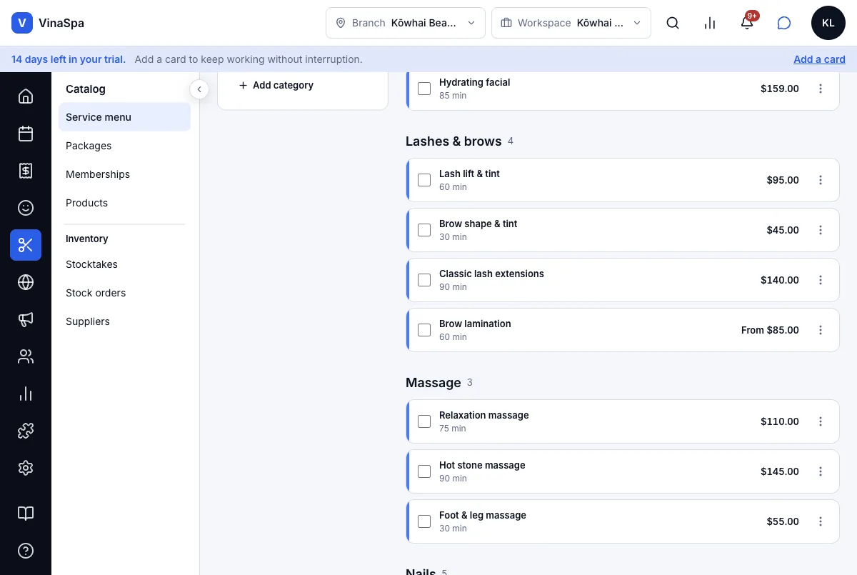 Services, categories, prices and durations — Result — in the Service menu under Lashes & brows — Computer
