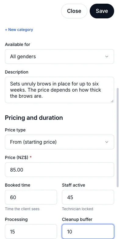 Services, categories, prices and durations — New service — Brow lamination — Phone