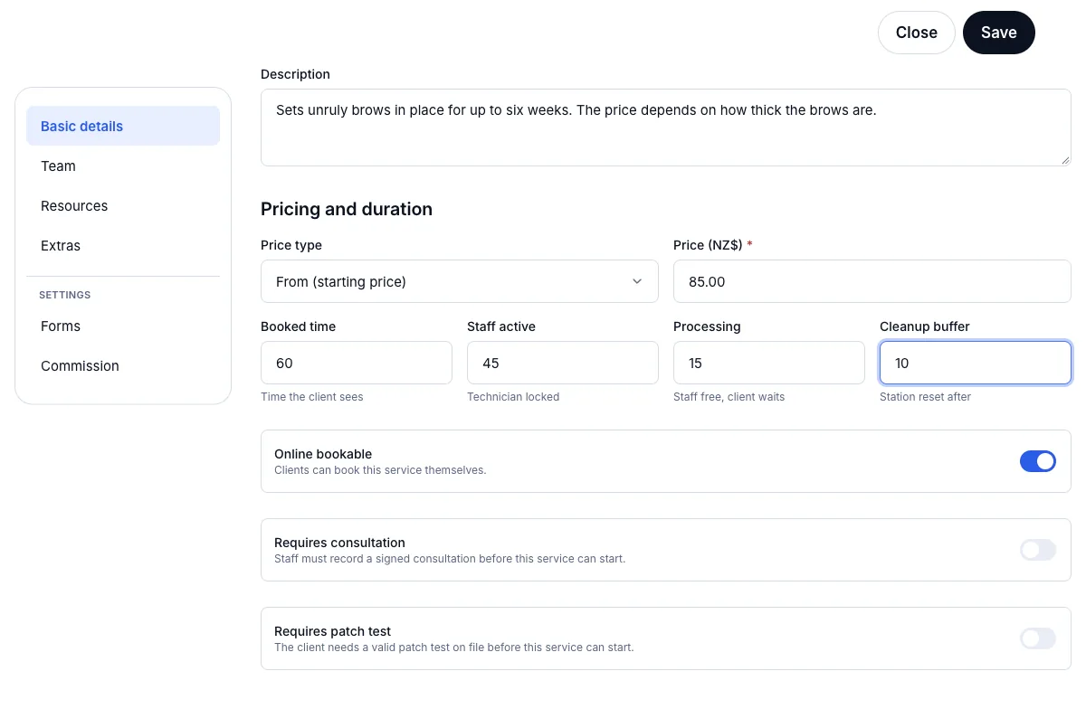 Four separate durations: booked, staff-active, processing, cleanup — Pricing and duration — the four times — Computer