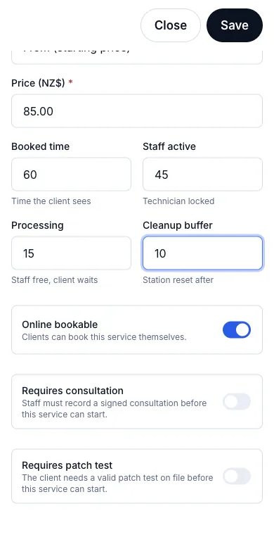 Four separate durations: booked, staff-active, processing, cleanup — Pricing and duration — the four times — Phone