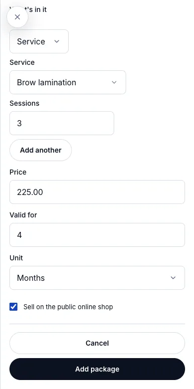 Prepaid service packages — New package — 3 × Brow lamination for $225 — Phone