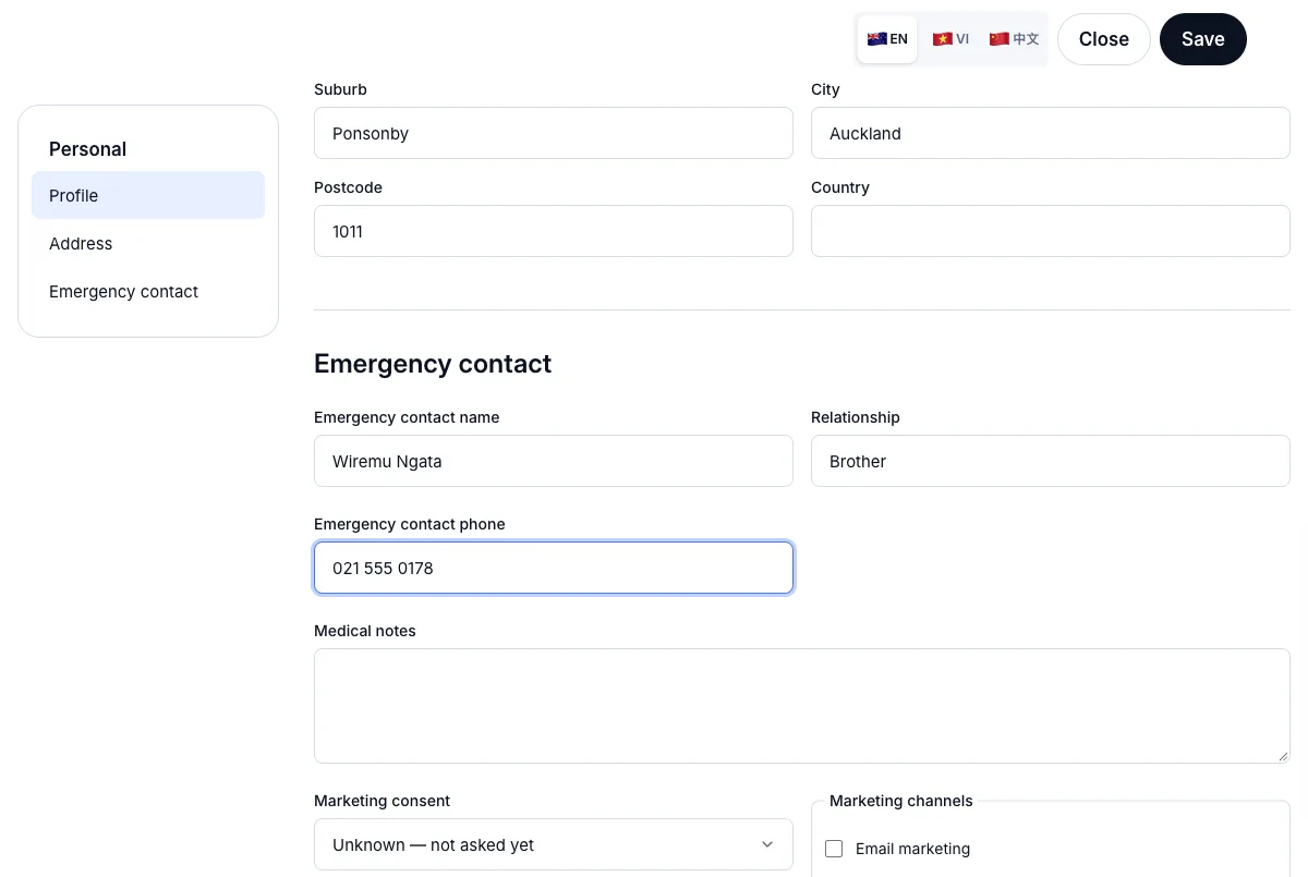 Full client record: date of birth, referral source, address, emergency contact — Address and emergency contact — Computer