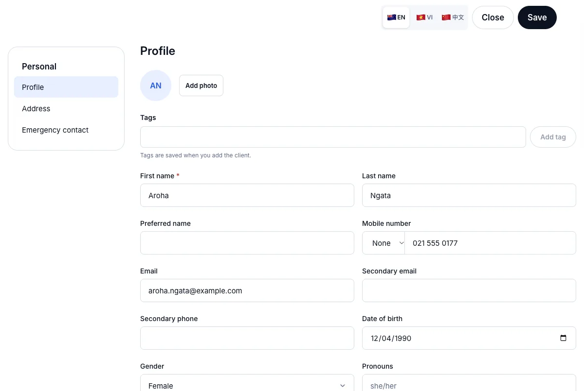 Full client record: date of birth, referral source, address, emergency contact — Name, contact details, date of birth, source — Computer