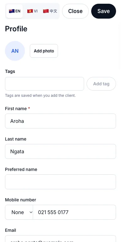 Full client record: date of birth, referral source, address, emergency contact — Name, contact details, date of birth, source — Phone