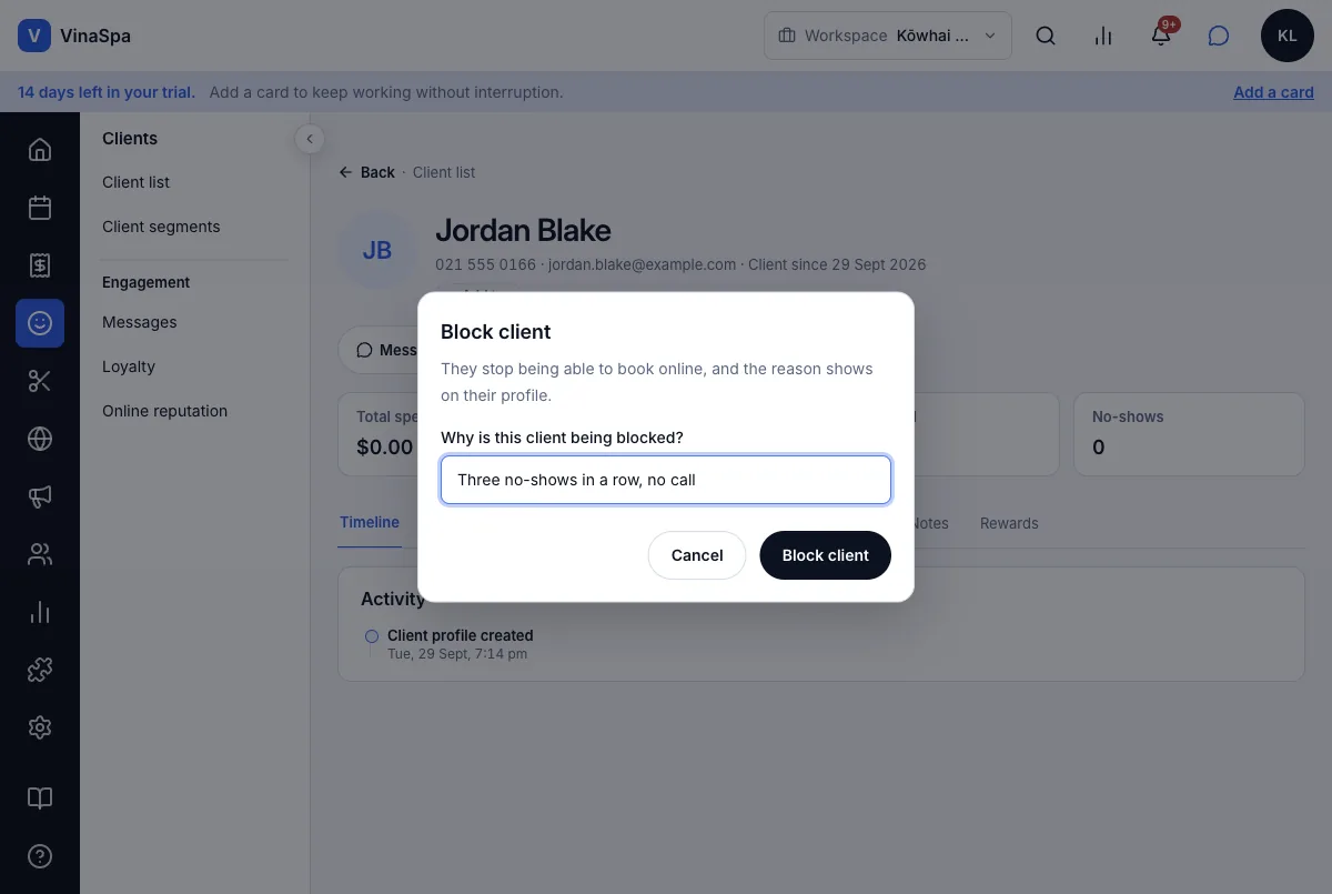 Block a client, and genuinely block them on the online booking page too — The reason stays inside the salon — Computer