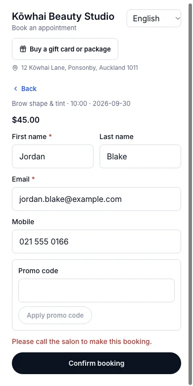 Block a client, and genuinely block them on the online booking page too — Jordan trying to book online — Phone