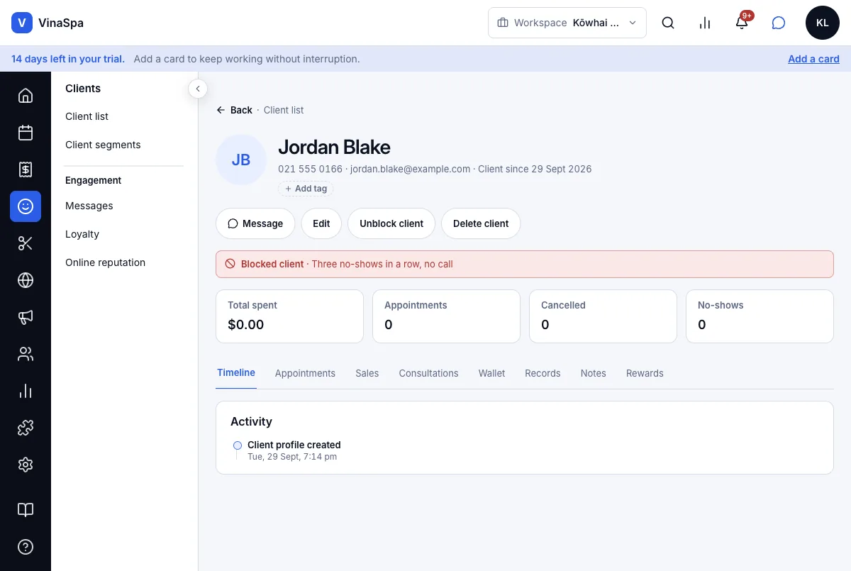 Block a client, and genuinely block them on the online booking page too — Result — Jordan Blake, blocked — Computer