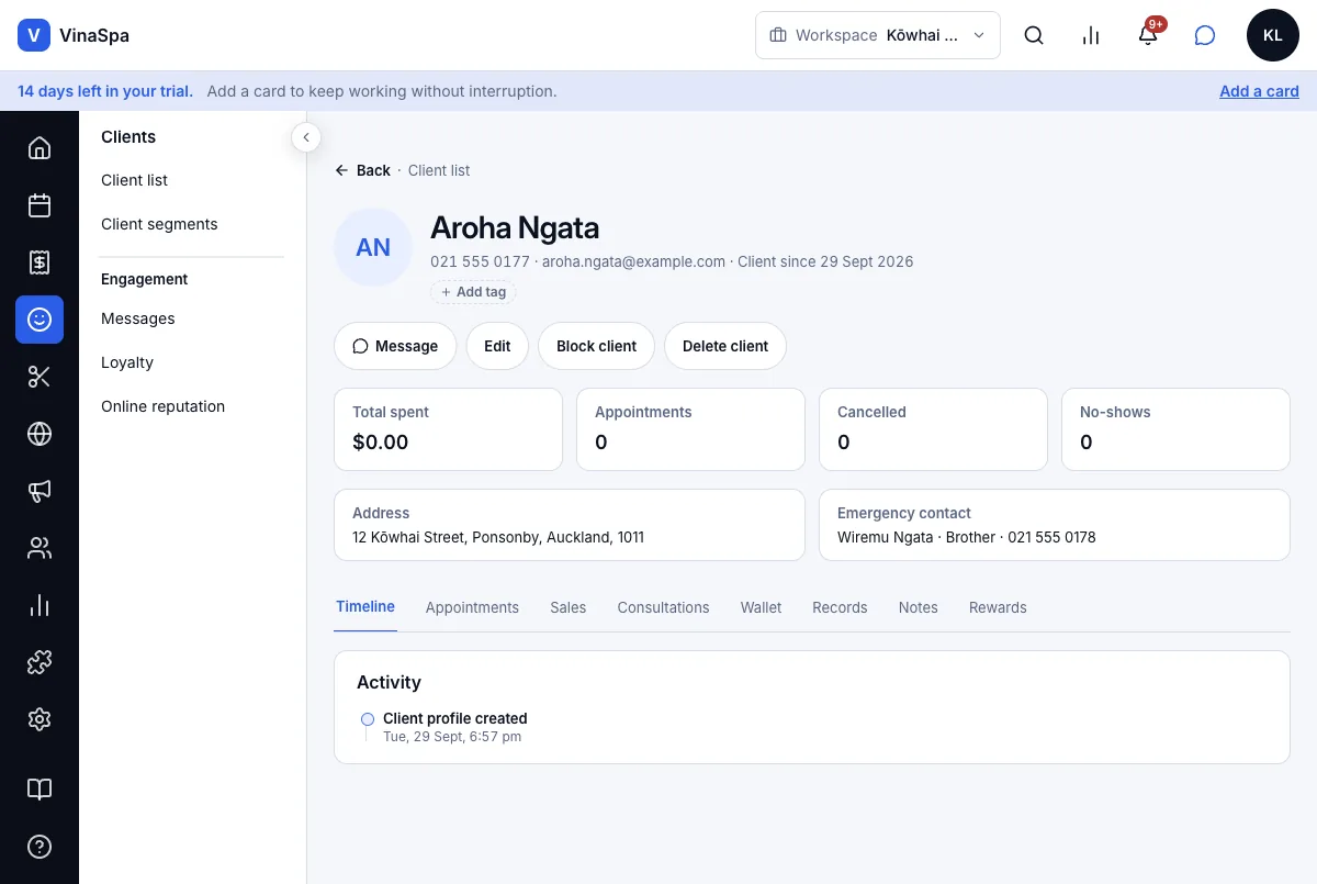 Full client record: date of birth, referral source, address, emergency contact — Result — Aroha Ngata's profile — Computer
