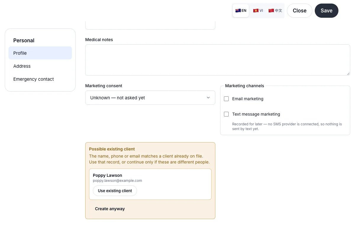 Duplicate detection when adding a client — Possible existing client — Computer
