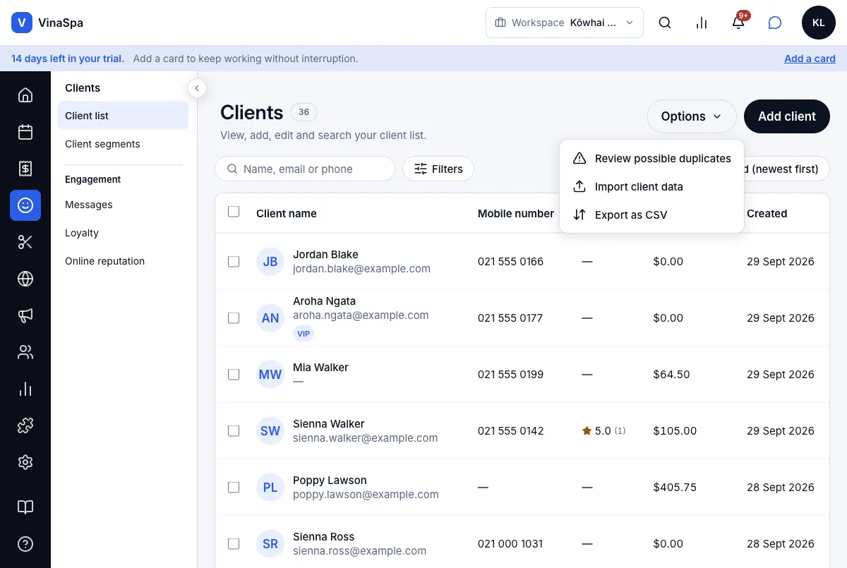 Export the client list to CSV — Options → Export as CSV — Computer