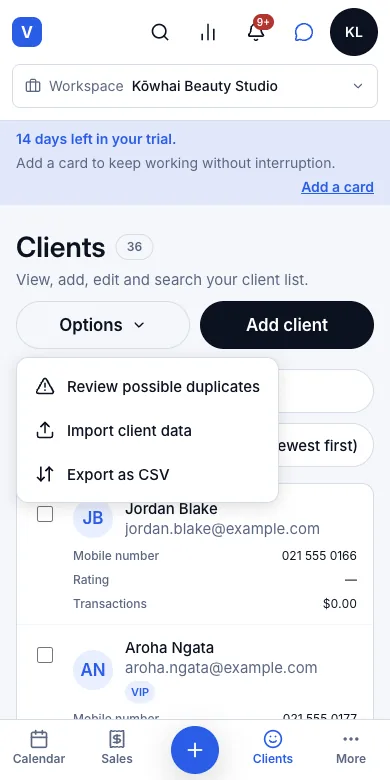 Export the client list to CSV — Options → Export as CSV — Phone