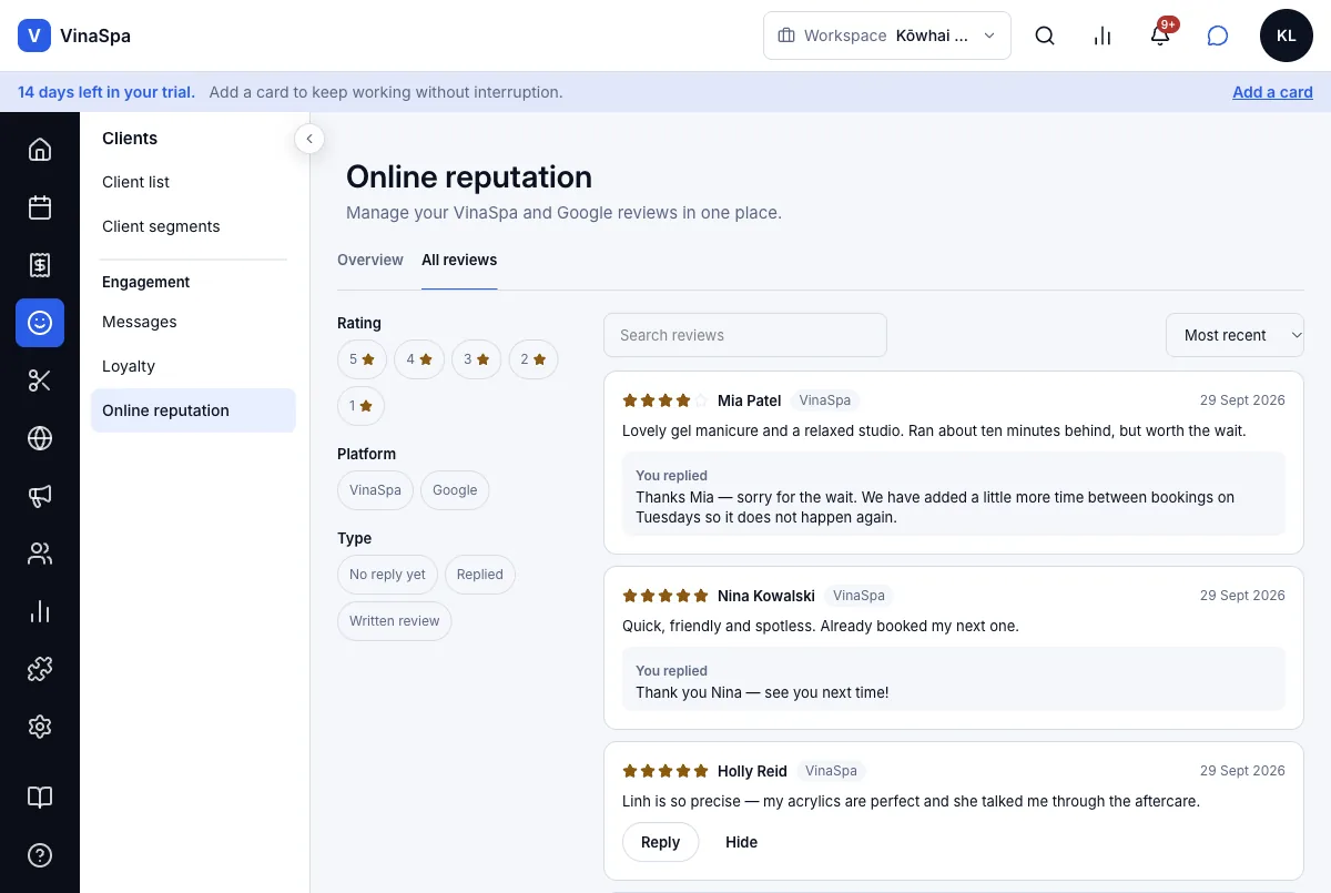 Client reviews, with salon replies — Result — You replied — Computer