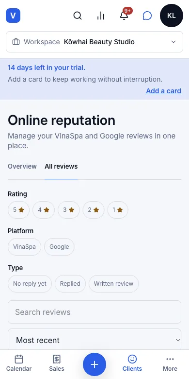 Client reviews, with salon replies — Result — You replied — Phone