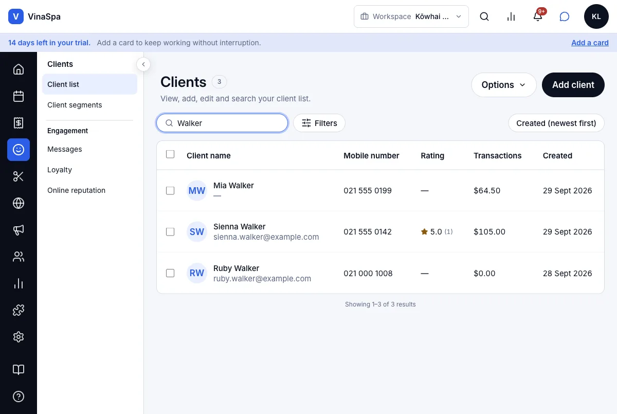Find a client by name, email or phone — "Walker" — three clients — Computer