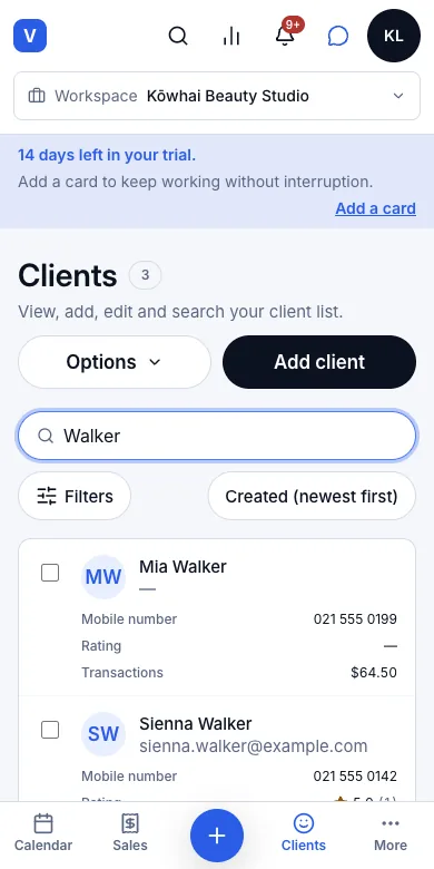 Find a client by name, email or phone — "Walker" — three clients — Phone