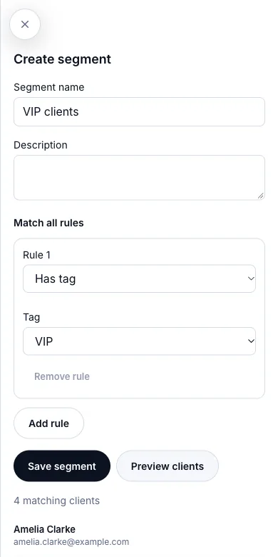 Self-updating client segments (new, lapsed, birthdays and so on) — Has tag VIP — the preview under the rules — Phone