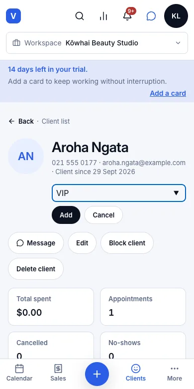 Client tags — Tagging Aroha VIP — Phone
