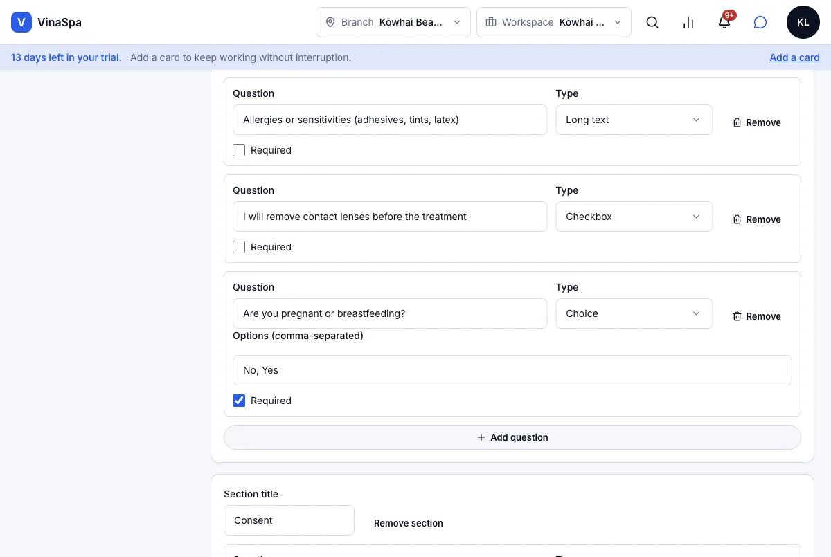Build your own form, with several question types — Adding "Are you pregnant or breastfeeding?" — Choice, required — Computer