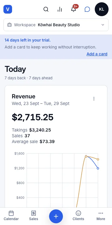 Today board: takings, what is next, what needs attention — The Today board — Revenue and Upcoming appointments — Phone