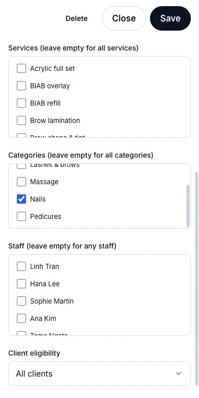 Happy hours repeating weekly — Applies to — the Nails category — Phone