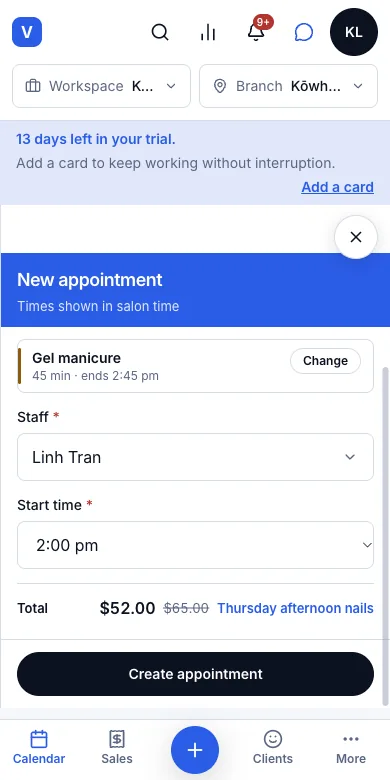 The deal price shows on the calendar before booking — New appointment — $52.00, Thursday afternoon nails — Phone