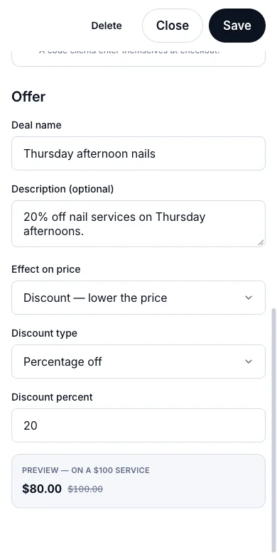 Happy hours repeating weekly — Happy hour, 20% off — Phone