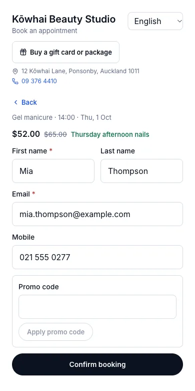 The deal price shows on the calendar before booking — 14:00 — $52.00, with the deal named — Phone