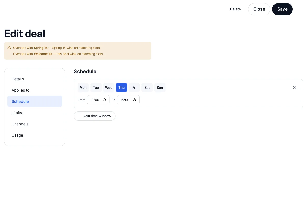 Happy hours repeating weekly — Schedule — Thursday, 13:00–16:00 — Computer