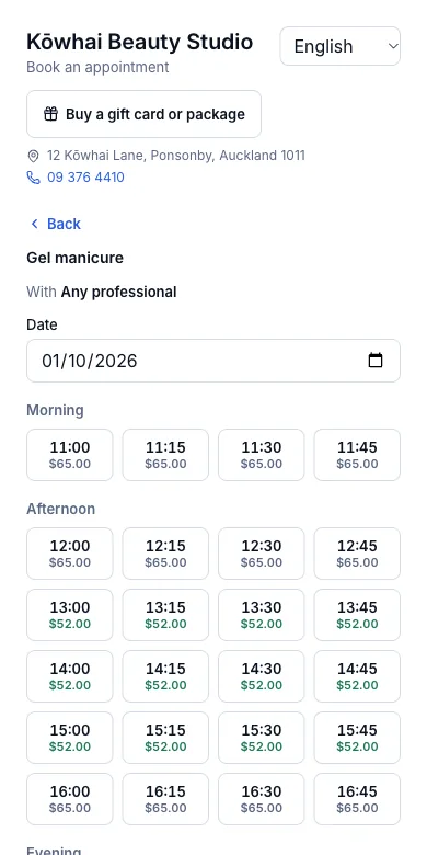 The deal price shows on the calendar before booking — Thursday 1 October — $52.00 in the afternoon window — Phone