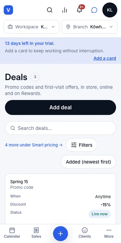 Promo codes a client types in — Deals — Spring 15, 1 of 50 used — Phone