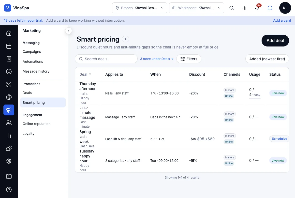 Happy hours repeating weekly — Result — in Smart pricing, Live now — Computer