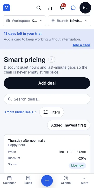 Happy hours repeating weekly — Result — in Smart pricing, Live now — Phone