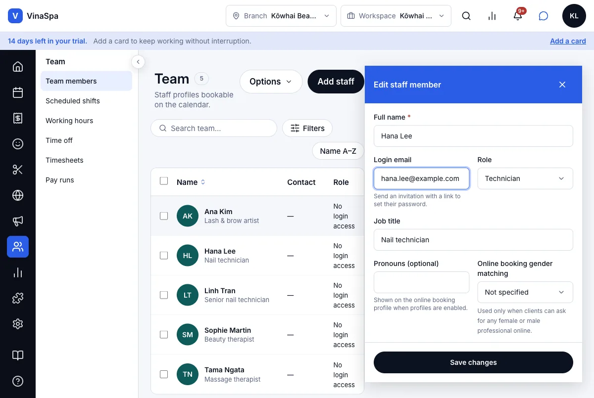 Create accounts and invite staff by email — Edit staff member — login email and role — Computer
