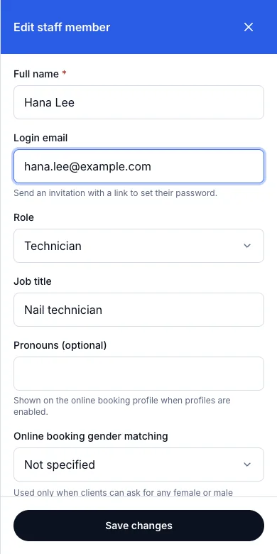 Create accounts and invite staff by email — Edit staff member — login email and role — Phone