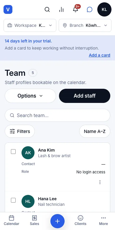 Create accounts and invite staff by email — Team members — nobody can sign in yet — Phone