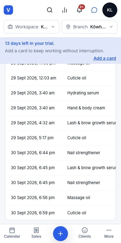 Stock drawn down on sale — Stock movement log — received, sold, used and counted (on a phone, scroll the table sideways) — Phone