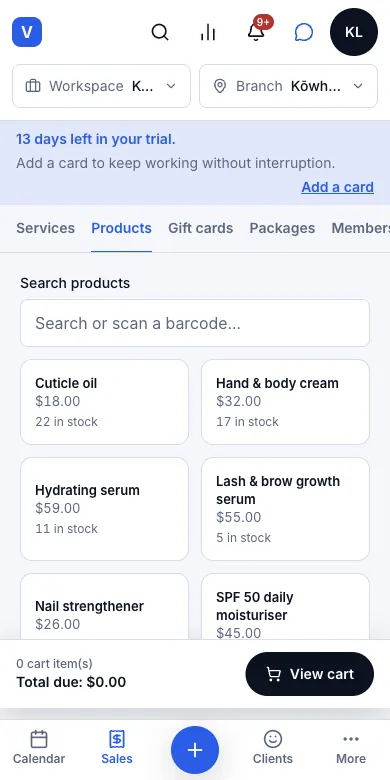 Retail products, sellable at the till — The Products tab — price and stock on every tile — Phone