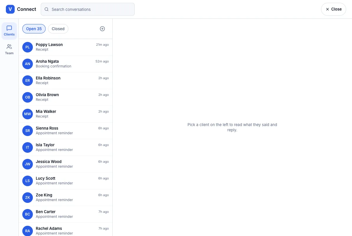One conversation thread per client — Connect — one row per client — Computer