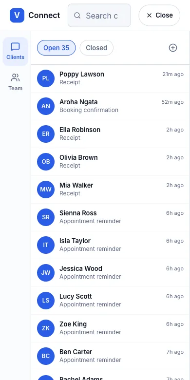 One conversation thread per client — Connect — one row per client — Phone