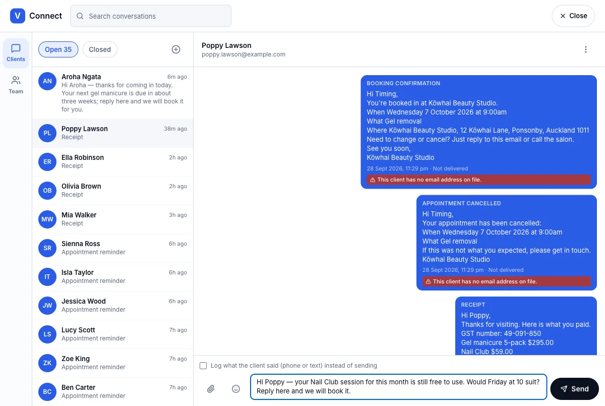 Reply by email from inside the thread — A reply to Poppy about her Nail Club session — Computer