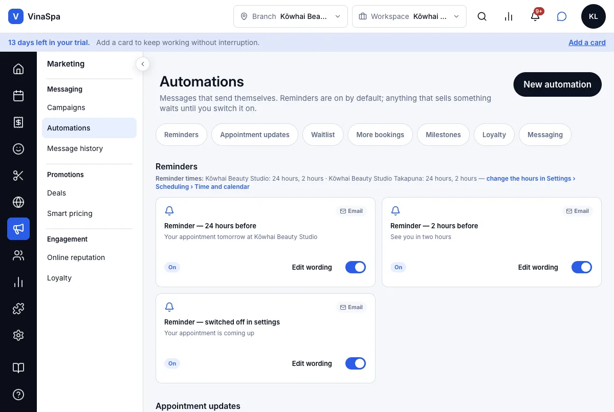 Two automatic reminders (24 hours and 2 hours before) — Reminders — 24 hours and 2 hours, both On — Computer