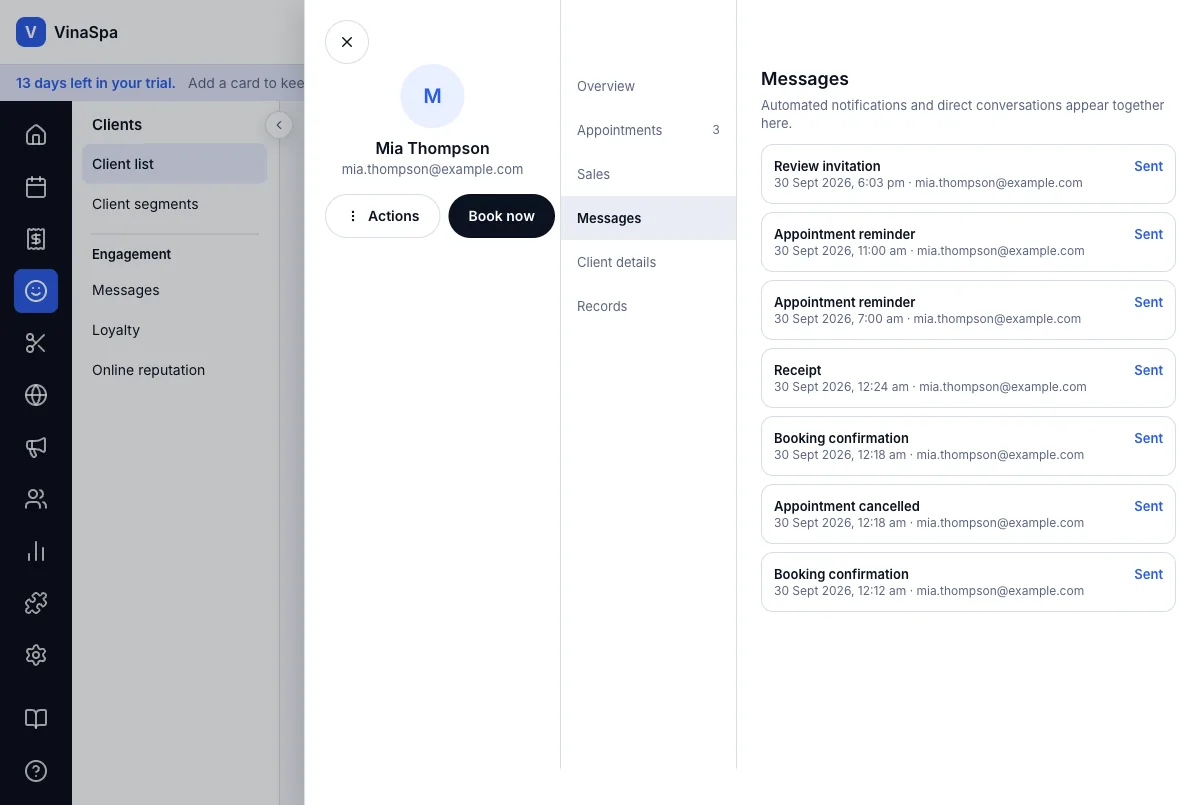 Review everything sent to each client, failed emails included — Mia Thompson — Messages — Computer