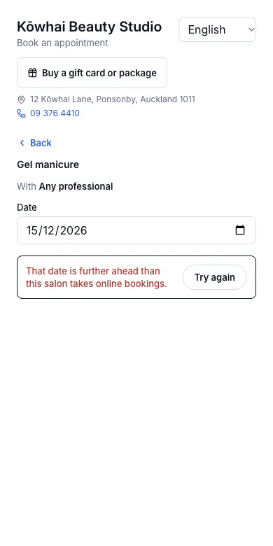 Limits on booking too soon and too far ahead — Result — 15 December is refused — Phone