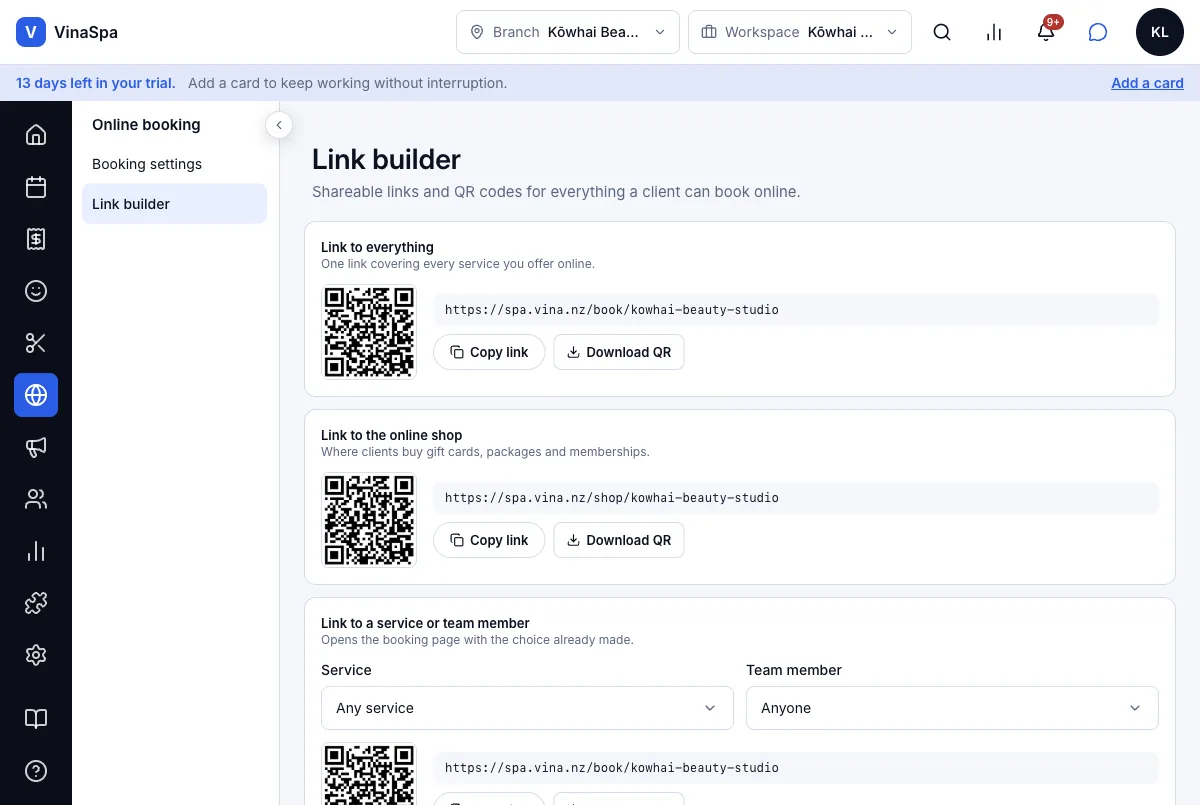 The salon's own booking page — Link builder — a QR code for every link — Computer