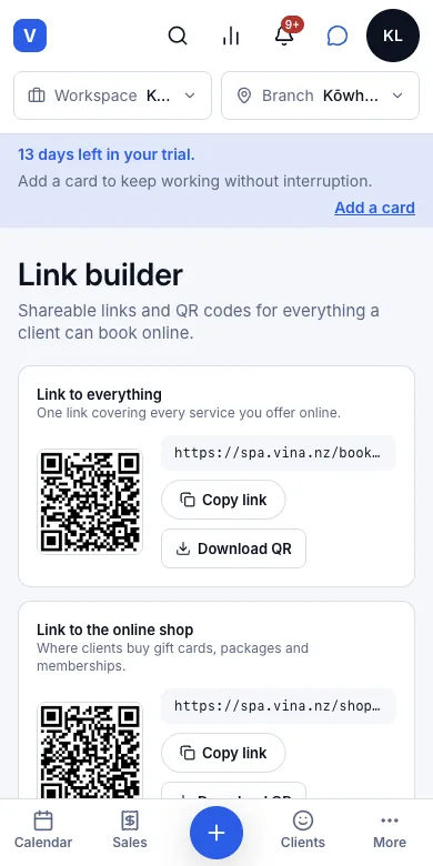 The salon's own booking page — Link builder — a QR code for every link — Phone